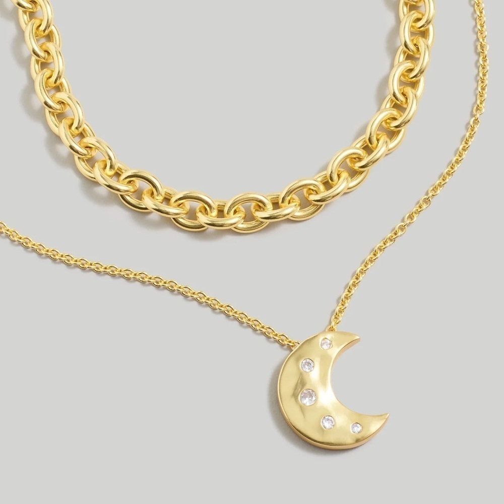 Madewell Metallic Celestial Moon Crystal Layered Pendant Necklace Gold NWT 48$ - Picture 6 of 7